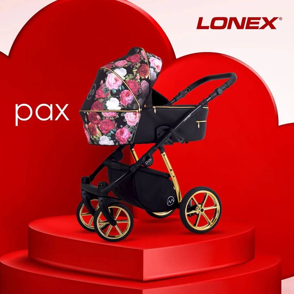 najmodniejsze kolory wózków dla dziewczynki 3w1 - lonex pax rose -czarny w kwiaty 